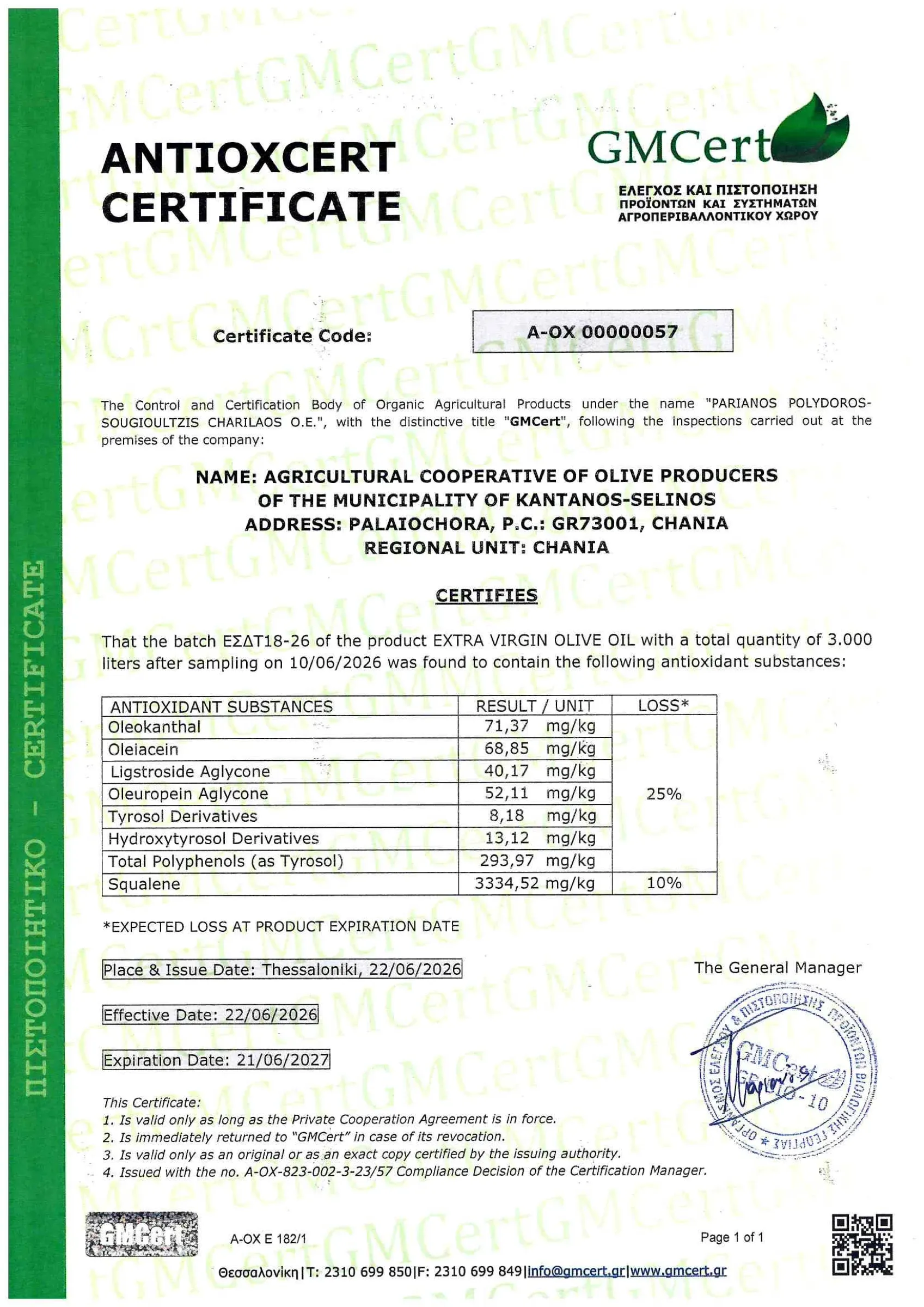 Page 1 of certificate A-OX 00000057, issued by GMCert